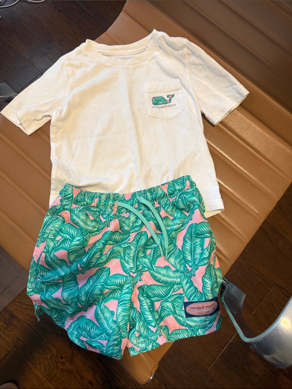 Vineyard Vines White Pocket Tee with Pink & Green Tropical Shorts
